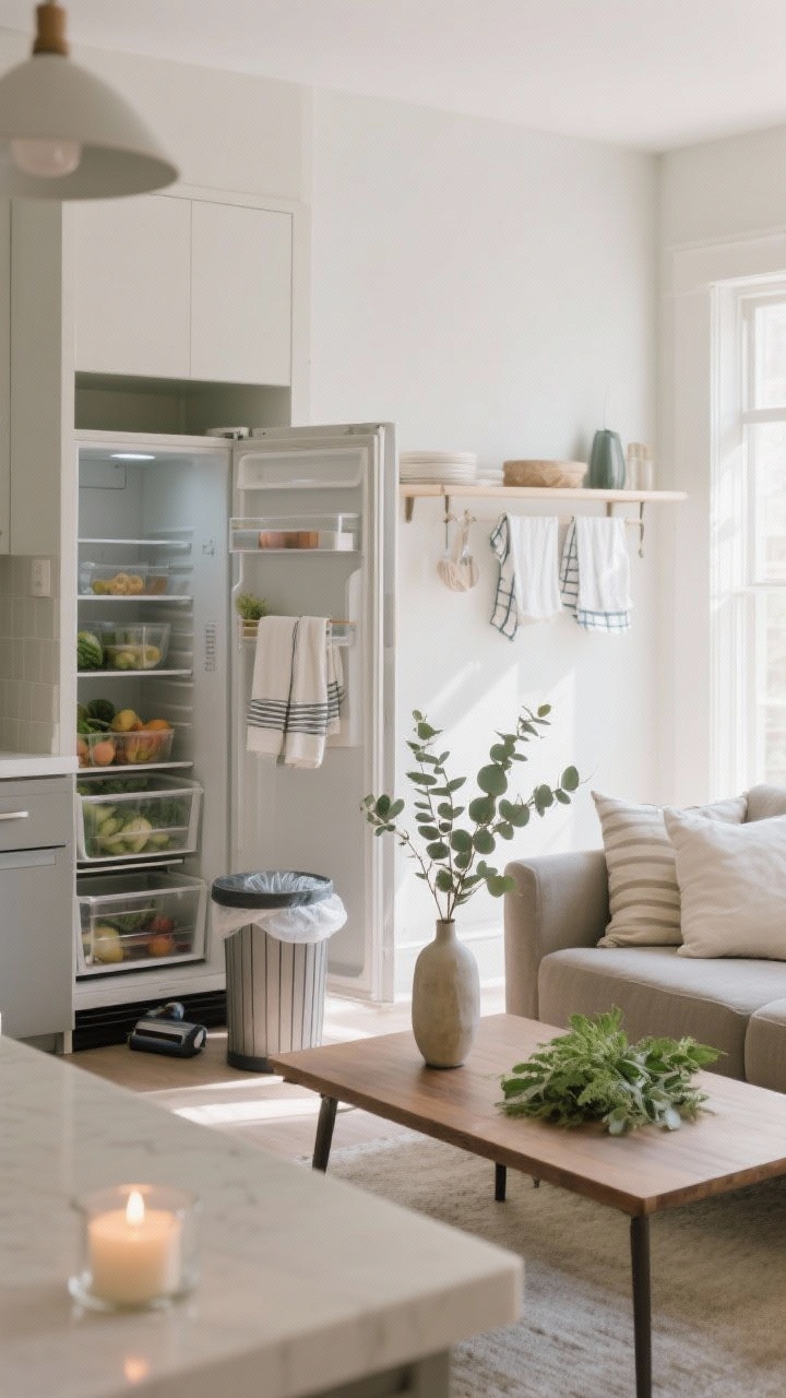Medium kitchen/dining reset scene: weekly ritual in action (no people)—fresh dish towels hung, hand towels swapped, couch cushions in the adjacent living zone rotated, coffee table reset using TLO, greenery refreshed with a simple eucalyptus bunch in a vase, fridge open just enough to show clear produce bins; surfaces wiped, trash can ready, vacuum lines faintly visible near baseboards; end with a candle lit; bright daytime light, straight-on view.