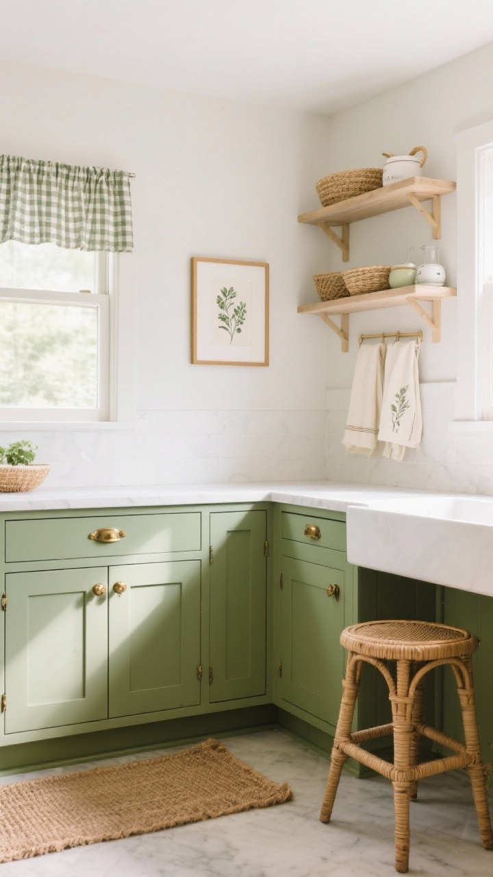 Medium kitchen scene with a corner angle: sage green lower cabinets with aged brass hardware, warm white walls and upper shelves, natural fiber layers including a jute runner and rattan barstool, creamy cotton tea towels; subtle botanical prints framed on the wall and a small gingham curtain valance; soft, bright natural morning light, photorealistic, clean and airy without stark whites