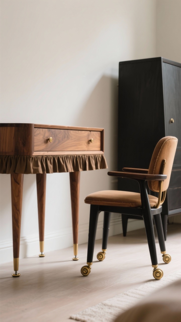 Medium, low-angle shot showcasing improved proportions: a formerly skirted dresser now on tapered walnut legs with subtle furniture levelers visible; a vintage accent chair sporting small brass casters gleaming at the feet; the piece slightly raised to desk height with taller feet; soft indoor lighting; emphasis on airy negative space under furniture and the warm tone of walnut contrasted with black-painted legs on a nearby cabinet.