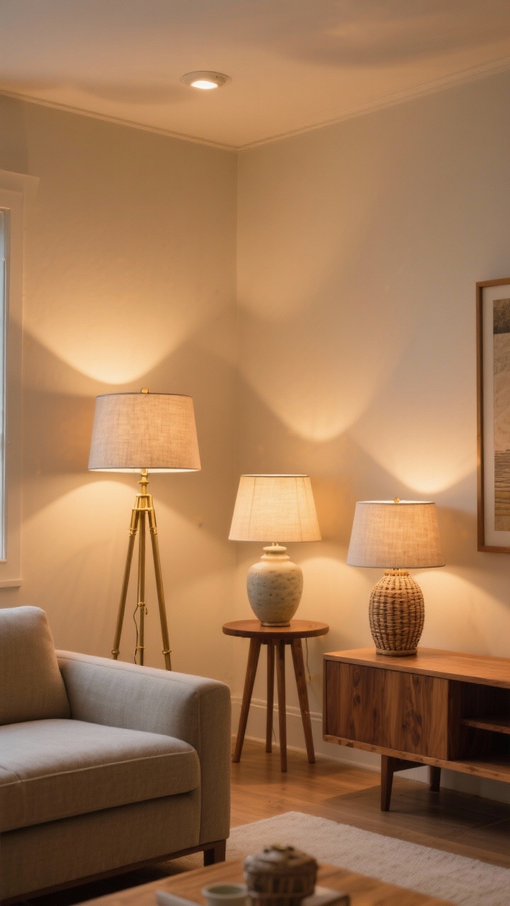 Medium room corner: a living room vignette with three points of warm ambient light (2700K–3000K): one brass floor lamp with a fabric shade, two table lamps at differing heights with linen shades; ceramic and rattan lamp bases add texture; lights forming cozy pools on nearby walls and surfaces; overhead light off; warm-toned wood console and subtle wall art; straight-on angle, photorealistic.