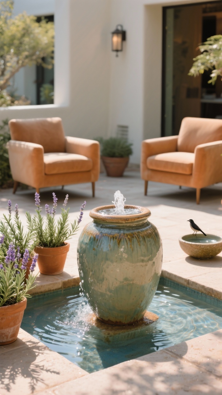 Medium shot: A ceramic jar fountain on a patio, water gently bubbling over the lip into a small catch basin, surrounded by potted rosemary and lavender. Place a pair of deep club chairs nearby to situate the sound near seating. Warm afternoon light, subtle ripples and reflections, muted blues/greens and terracotta tones, birds welcome via a small birdbath off to the side for added zen.