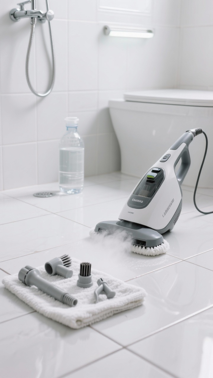 Medium shot: a compact steam cleaner on a sealed tile floor, washable microfiber pad attached; fine steam visible along grout lines; a set of detail attachments (small nozzle, brush) arranged on a cloth, aimed at faucet crevices and shower tracks; distilled water jug nearby; bright, clean white bathroom light; no disposable mop pads.