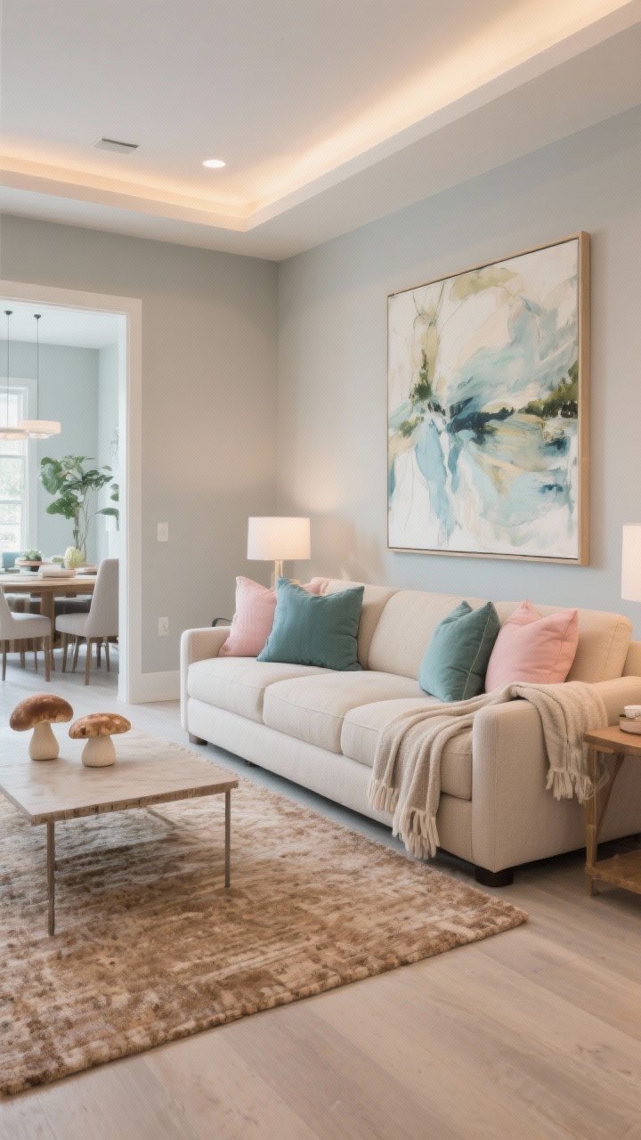 Medium shot: a connected color story across an open-plan living-dining area—walls in soft greige, large sofa in sandy beige, accents repeating muted blues, sage, and blush in pillows, art, and a throw; a mushroom-toned area rug grounding the space; one large abstract art piece with soft nature-inspired hues; warm 3000K lighting for a soothing, cohesive mood; straight-on view for balance.