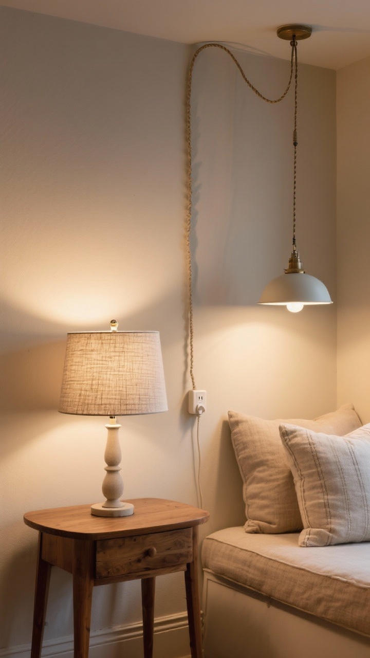Medium shot: A cozy corner featuring a refreshed table lamp with a textured linen drum shade (correct spider fitter visible) on a wooden side table, plus a plug-in pendant swagged from a ceiling hook to a reading nook; the pendant’s cord is painted wall color and neatly routed with a cord cover; layered lighting effect—warm ambient from pendant, soft task light from lamp; neutral walls, gentle evening glow.