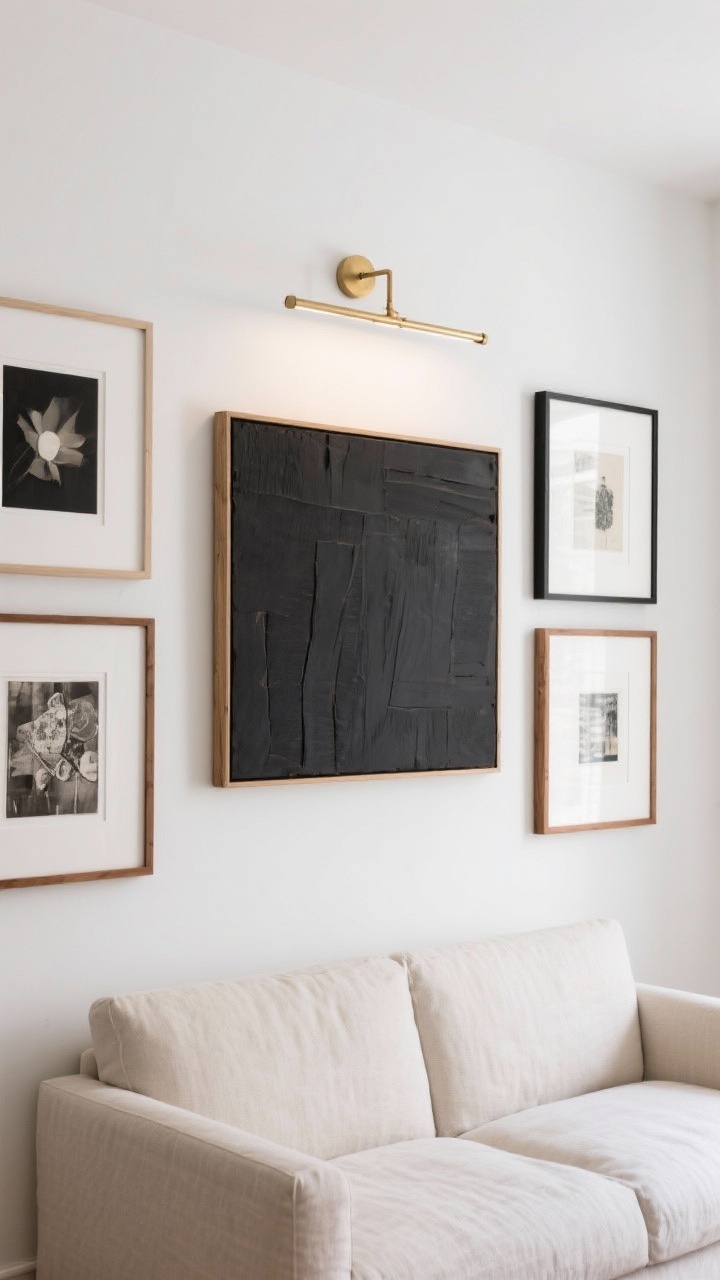 Medium shot: A curated gallery wall with 2–3 frame colors (black, white, and oak) arranged with 2–3 inches between frames, plus an oversized statement piece centered above a linen sofa. A slim brass picture light mounted over the large artwork. Clean white walls, cohesive palette, storytelling art mix, straight-on view with balanced composition and natural indirect light.