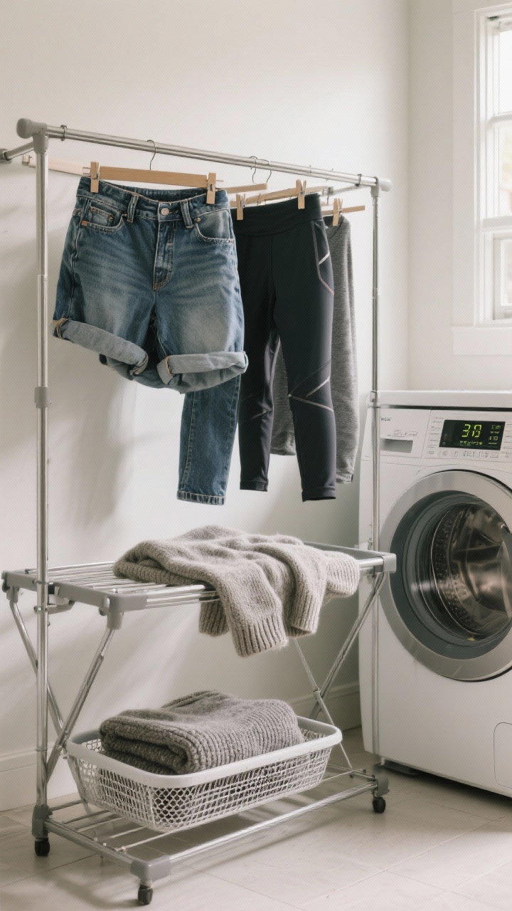 Medium shot: A drying setup with a metal rack holding activewear and leggings, jeans clipped from the waistband to prevent stretching, and wool/cashmere sweaters laid flat on a mesh tray. Nearby dryer set to Air Fluff/Low with the door cracked, a timer showing short cycle. Clothes slightly damp and smooth to minimize wrinkles. Neutral, bright laundry-room lighting, side angle, realistic fabric drape and elastic details.