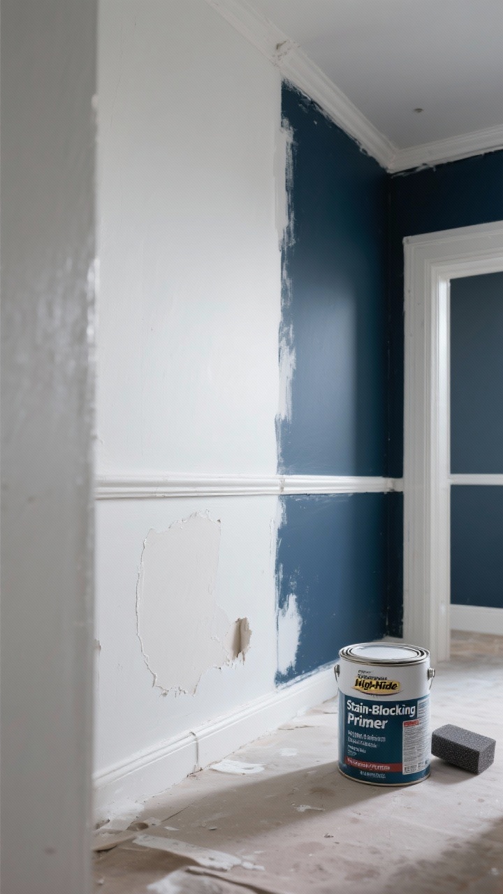 Medium shot: a hallway wall half-treated with white high-hide primer covering a deep navy/dark color beneath; clear transition between primed and unprimed areas. A small section of glossy trim scuff-sanded and then spot-primed, and a patched drywall area sealed with primer. Nearby, cans labeled “Stain-Blocking Primer” and “High-Hide Primer,” plus a sanding pad. Cool even lighting to show blotchiness where primer isn’t applied and uniformity where it is; straight-on perspective emphasizing the importance of priming over dark colors, new drywall, glossy surfaces, and stains.