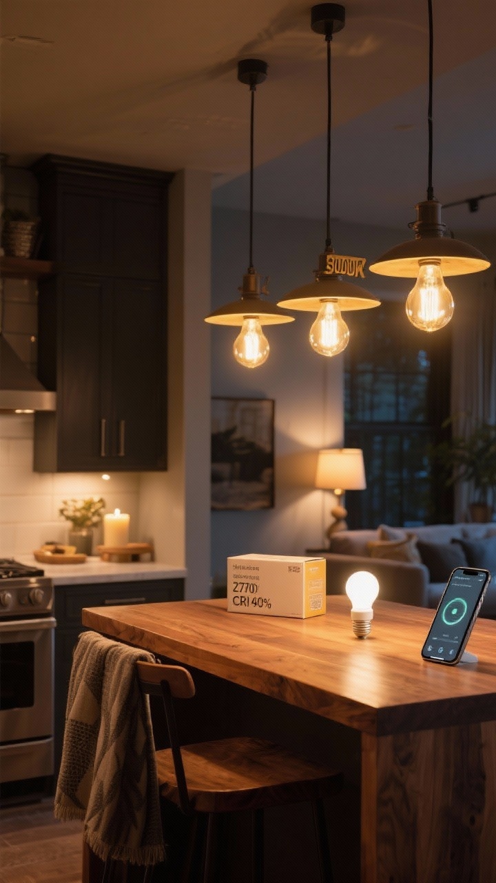 Medium shot: A kitchen-after-dark vignette showcasing warm bulbs—pendants labeled 3000K casting a clean but cozy golden-white glow over a wood island, with a nearby living nook using 2700K lamps for a softer candle-like warmth. Include a smartphone screen controlling smart bulbs, CRI 90+ noted on a bulb box on the counter, colors of fabrics and wood appearing rich and accurate; avoid any cool (4000K+) tones.
