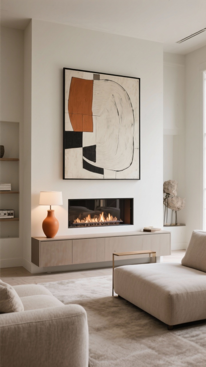 Medium shot: A living room anchored by a clear focal point—a statement fireplace wall with oversized modern art above the mantel; seating centered toward it, a low-profile media console kept quiet in tone, and a directed accent light washing the art; surrounding decor is restrained to let the focal point shine; neutral palette with a subtle terracotta accent vase; photorealistic, slight corner angle emphasizing the focal hierarchy