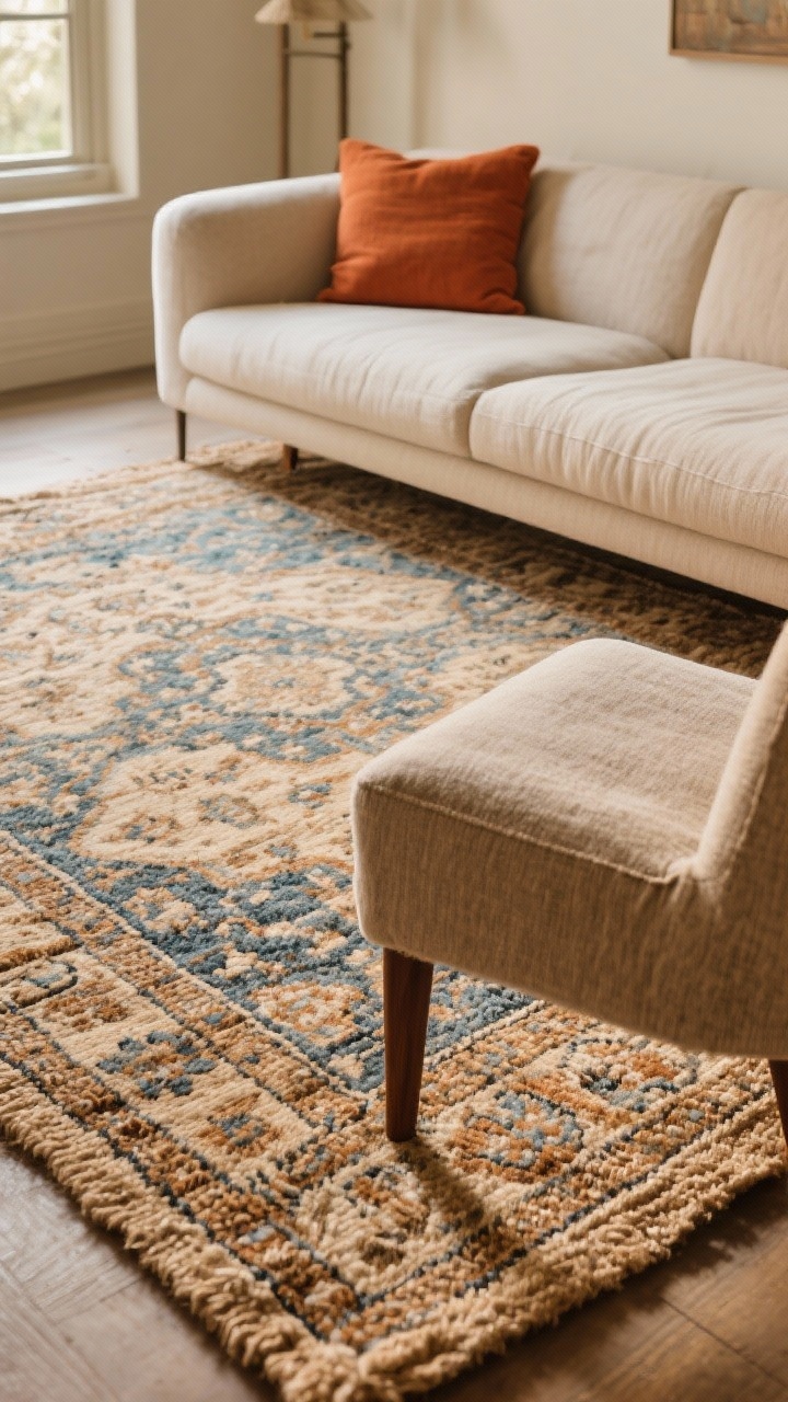 Medium shot: A living room anchored by a large jute rug base with a vintage-style patterned wool rug layered on top. Sofa and chair front legs resting on the rug, warm neutral tones with terracotta and faded indigo accents. Texture-rich surfaces—jute weave, wool pile, linen upholstery—shot from a low corner angle to emphasize scale and layering, soft morning light.