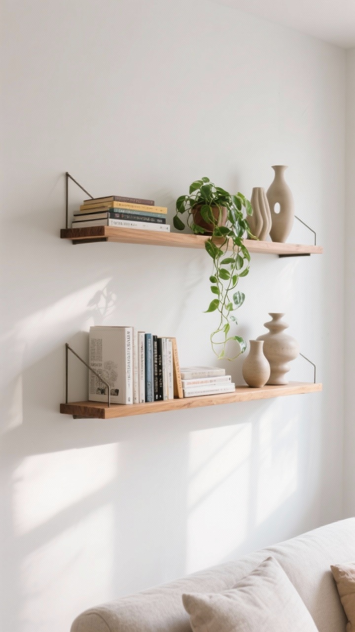 Medium shot: A living room wall with two natural wood floating shelves mounted perfectly level, anchored into studs where possible; spacing between shelves 14 inches for airy styling; shelves styled with odd-number groupings—stacked books, a trailing pothos plant, and a few sculptural ceramics of varied heights; clean white wall, soft afternoon light, subtle shadows emphasizing straight, true alignment.