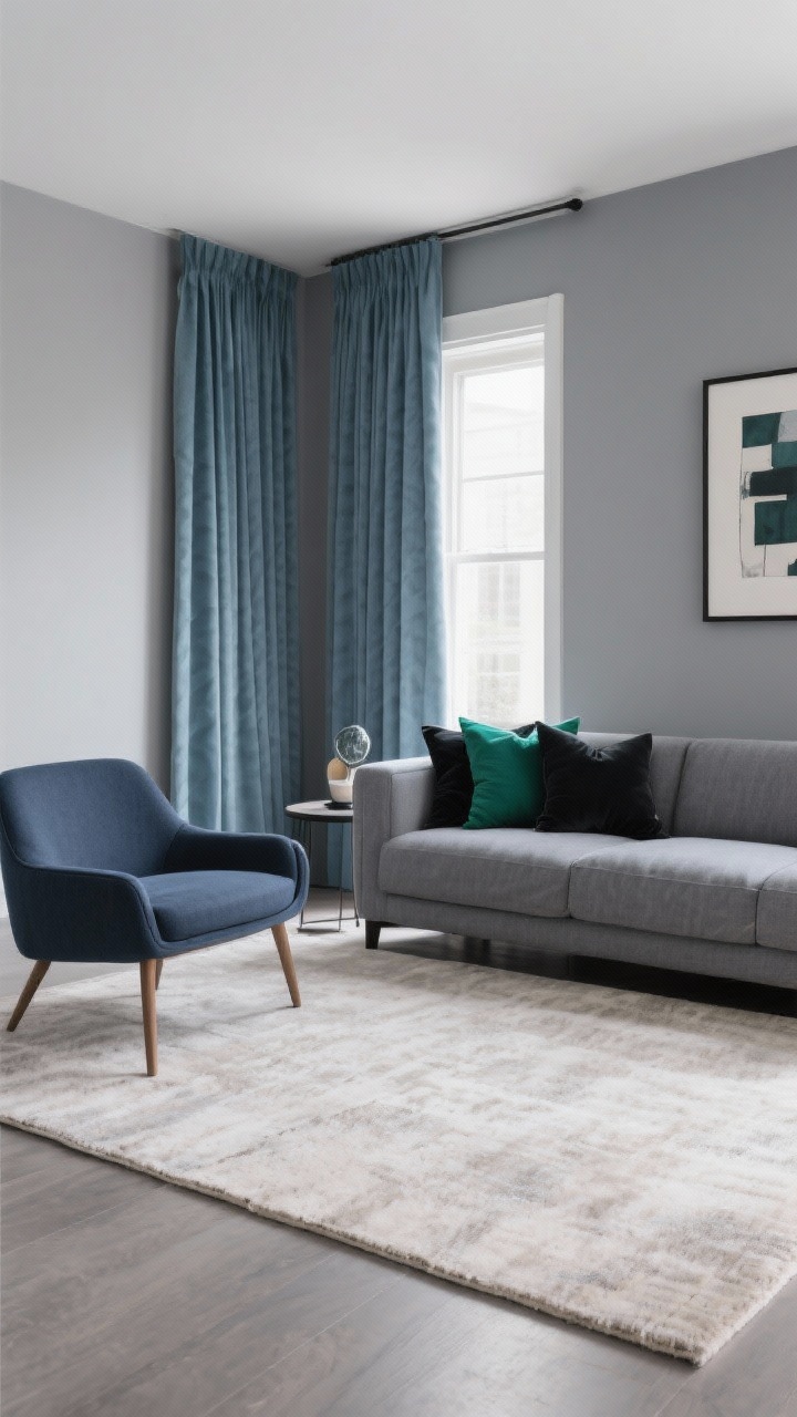 Medium shot: A living space illustrating a triad color palette—dominant cool gray walls and large sectional (60%), secondary muted blue curtains and a pair of slate-blue side chairs (30%), accent emerald and soft black in pillows, art, and a small decor object (10%); cohesive cool undertones throughout; a large light neutral rug ties the room; photorealistic, eye-level view, balanced composition showing the 60/30/10 distribution