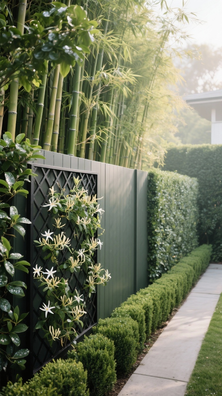 Medium shot: A lush backyard boundary featuring layered green walls—clumping bamboo in the back row for instant height, a tidy privet/laurel hedge mid-layer, and a slim line of arborvitae along a narrow side path. In front, a low modern fence pairs with a black metal trellis hosting star jasmine and honeysuckle vines; a separate trellis supports blooming clematis. Soft morning natural light, dew on leaves, textures of glossy laurel, feathery bamboo, and delicate vine tendrils. Mood: soft, intentional, eco-friendly privacy.