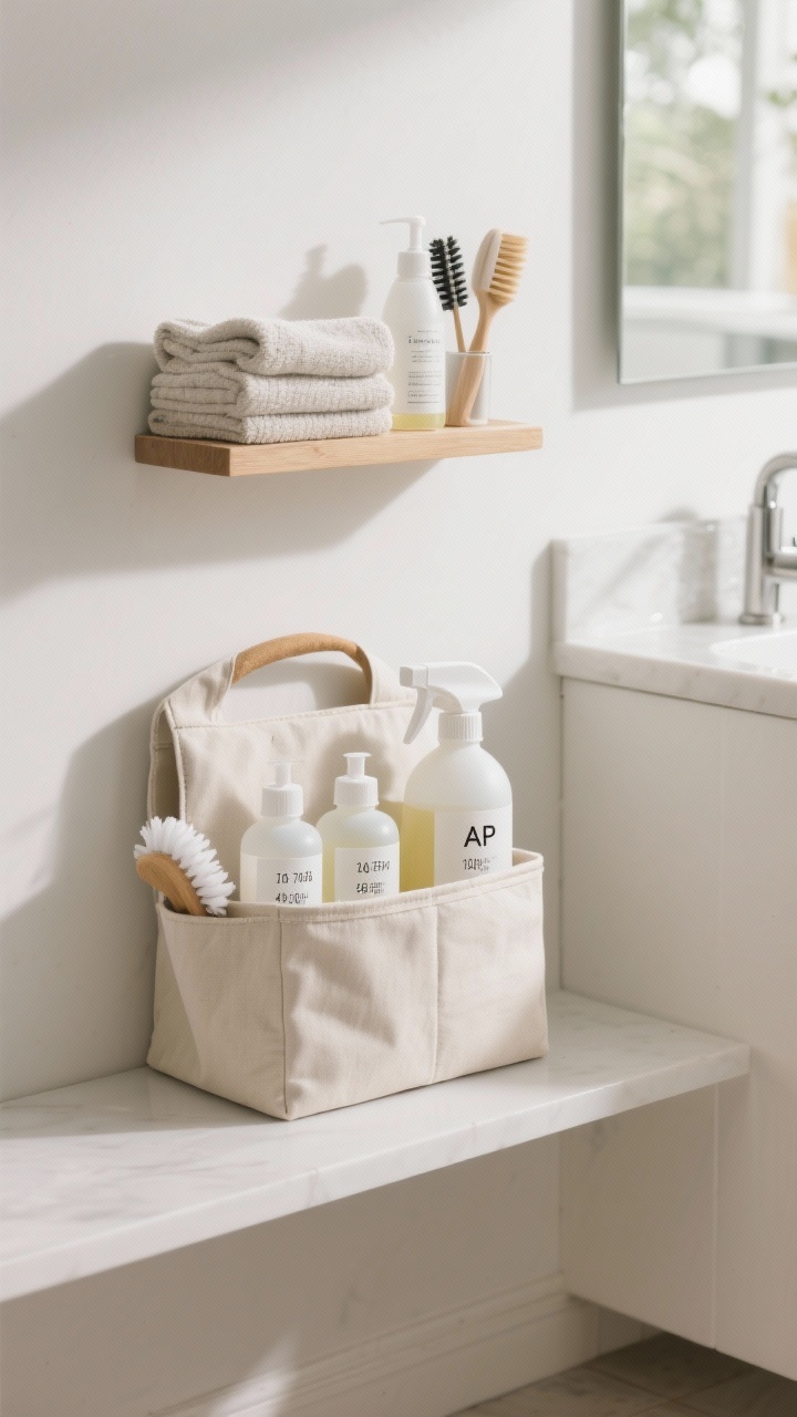 Medium shot: a minimalist cleaning caddy setup—small sturdy tote with handle, clearly labeled refillable bottles (with dilution ratios), folded microfiber, brush set; extra AP cleaner and microfiber staged in both a kitchen nook and a bathroom shelf to imply zone setup; muted, serene color palette with white and natural wood; soft morning light.