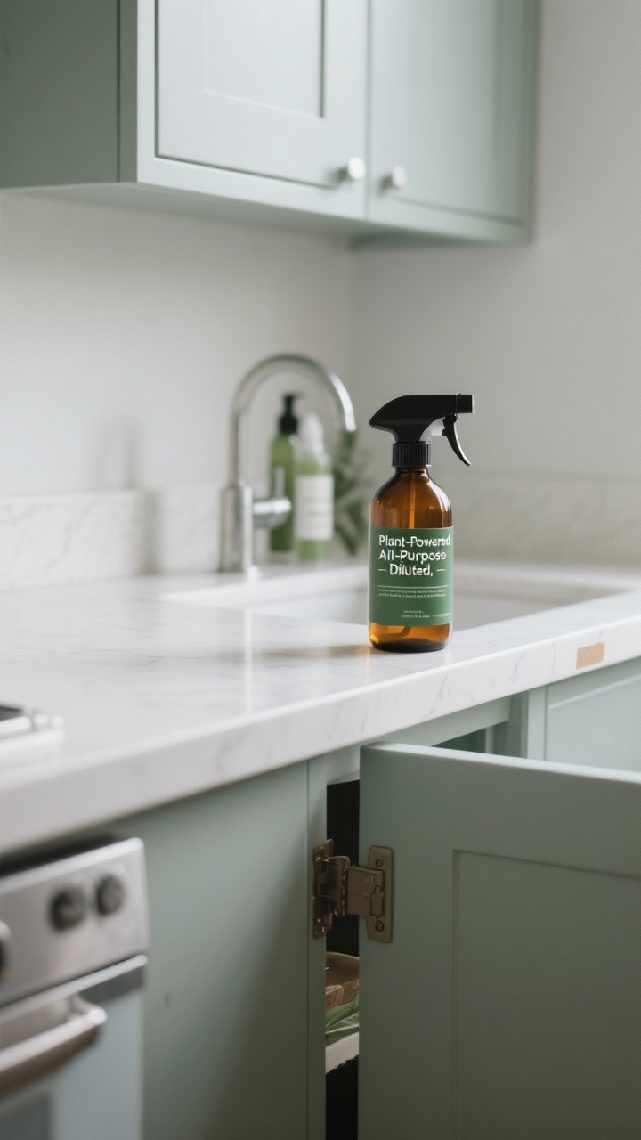 Medium shot: a minimalist kitchen sink area with a single amber glass spray bottle labeled “Plant-Powered All-Purpose – Diluted,” sitting under the sink door ajar; clean sealed counters, cabinet faces, and baseboards subtly gleaming; no clutter of multiple sprays; a spa-like eucalyptus-green label; overcast daylight for a calm, fresh mood; a small test spot on a painted cabinet corner is visible.