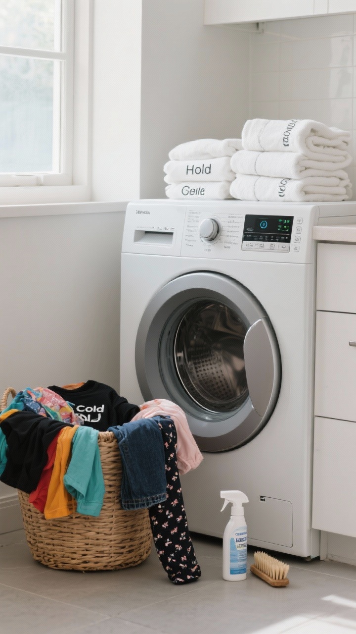 Medium shot: A modern washing machine control panel set to Cold and Gentle, with a laundry basket of colorful clothes and delicate fabrics (black tee, dark denim, printed leggings) beside neatly folded white kitchen towels and linens labeled for Hot; a stain pre-treatment spray and small brush staged next to the machine. Soft daylight from a nearby window, corner angle. Subtle color contrast between vibrant colors and crisp whites, emphasizing energy-saving cold-water setting.
