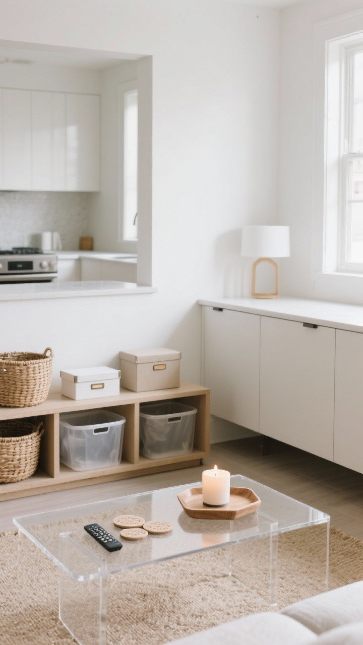 Medium shot: a serene living room corner with ruthlessly edited surfaces—clear coffee table with only a single tray holding a remote, a candle, and coasters; nightstand and kitchen counter glimpsed in background also clutter-free; woven baskets and lidded boxes under a console, opaque bins inside a closed cabinet; neutral palette with soft white walls and sandy beige rug; natural daylight from side window, straight-on perspective emphasizing intentional order.