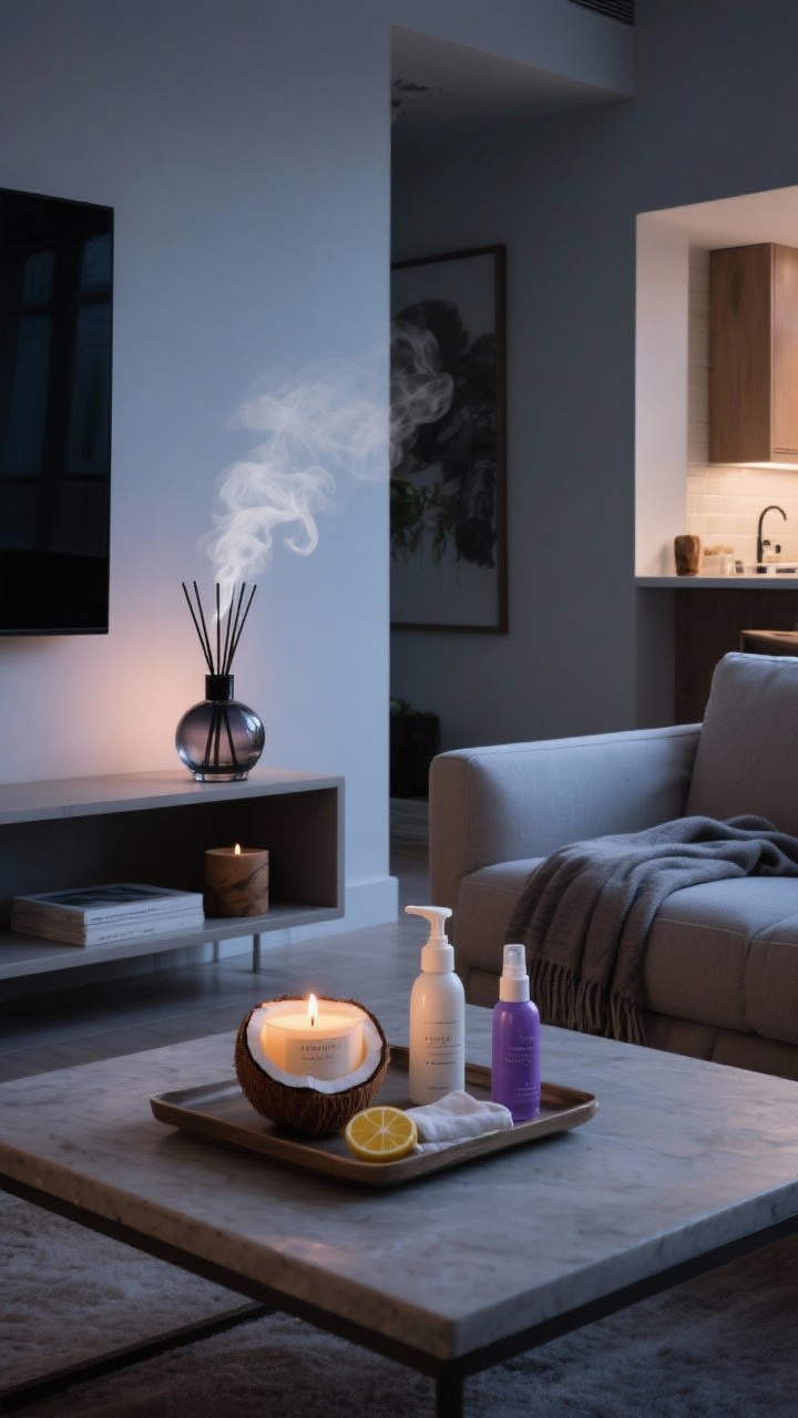 Medium shot: A serene living room scene with a smoked-glass diffuser emitting a subtle plume on a low shelf, a coconut-soy wax candle on the coffee table, and a linen spray bottle on a tray—layered scent formats. Fragrance cues by room: a citrus candle near the kitchen pass-through, a woodsy candle in the living area, and a lavender linen spray near a folded throw. Soft evening glow, moody yet clean ambiance, photorealistic.