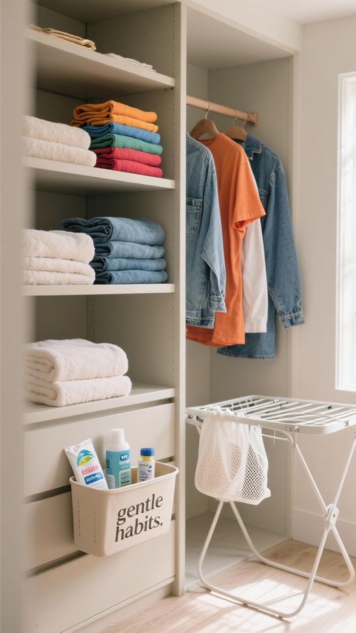 Medium shot: A serene wardrobe scene with neatly folded, vibrant tees and unfaded denim stacked on open shelves, plush towels that look soft rather than stiff, and a compact caddy holding essentials—measured detergent, mesh bags, stain kit, and a drying rack folded nearby. Soft natural daylight, calm, organized mood, straight-on angle showcasing preserved colors, textures, and the “gentle habits” toolkit.