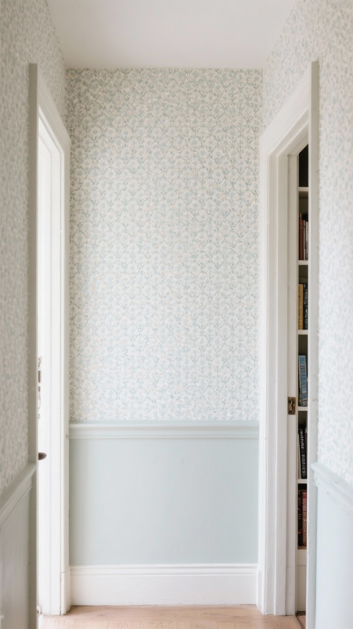 Medium shot: A small entryway wall covered in peel-and-stick wallpaper with a subtle repeating pattern, installed starting from the center for symmetry; clean, bubble-free finish with visible squeegee/credit-card level smoothness; the lower half painted with a simple chair rail creating a two-tone “upper half wallpaper, lower half paint” cottagecore look; bright even daylight; include a narrow bookcase side showing its back lined in the same wallpaper for continuity.