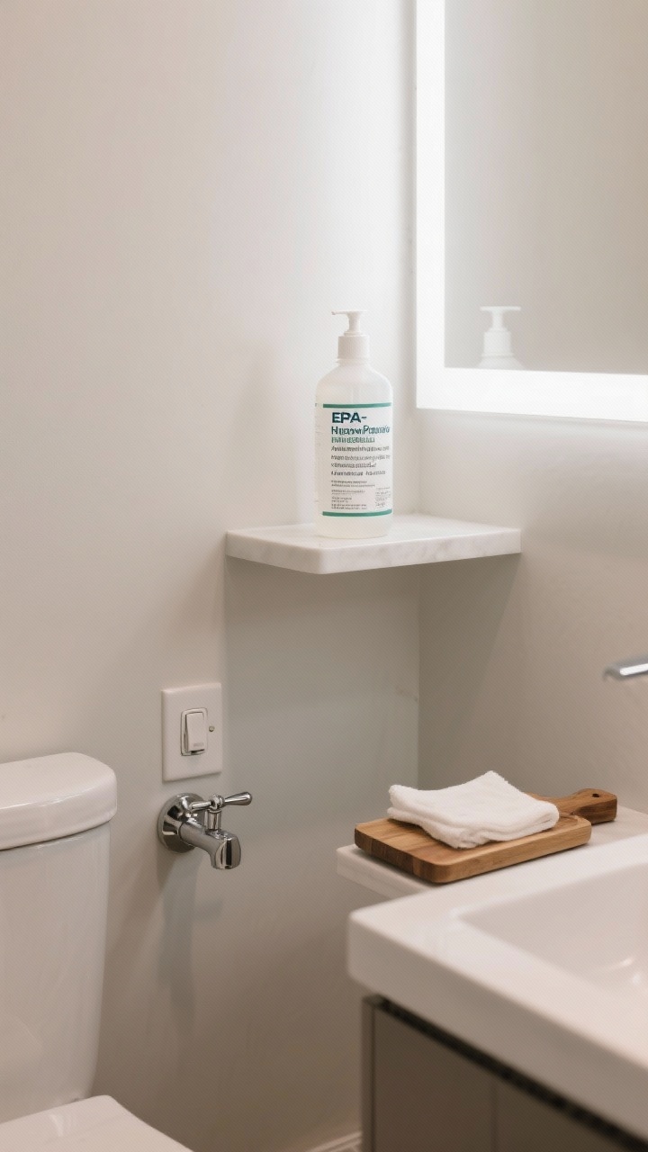 Medium shot: a tidy powder room vignette with an EPA-registered disinfectant bottle on a floating shelf, focus on high-touch points—chrome toilet handle, light switch, cutting board-style tray holding cleaning cloth; label shows clear dwell time instructions; neutral tones, low-odor vibe (hydrogen peroxide-based) implied; even, bright task lighting accentuating cleanliness without clinical harshness.