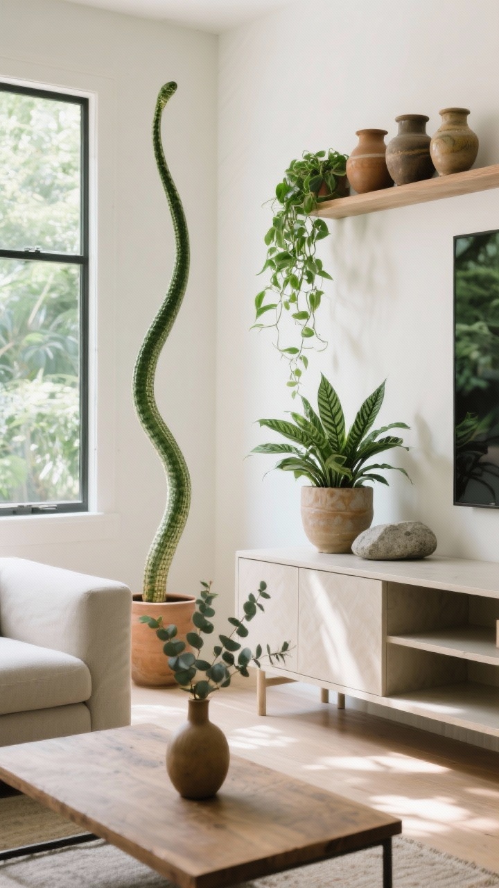 Medium shot: bright living room with curated greenery—tall floor plant (snake plant) near a window, medium tabletop plant (ZZ plant) on a credenza, and a trailing pothos on a wall shelf; ceramic and stone pots in earthy tones grouped in odd numbers; a small vase of eucalyptus on the coffee table; balanced composition that avoids a jungle look; soft natural daylight with gentle shadows; photographed at a slight angle.