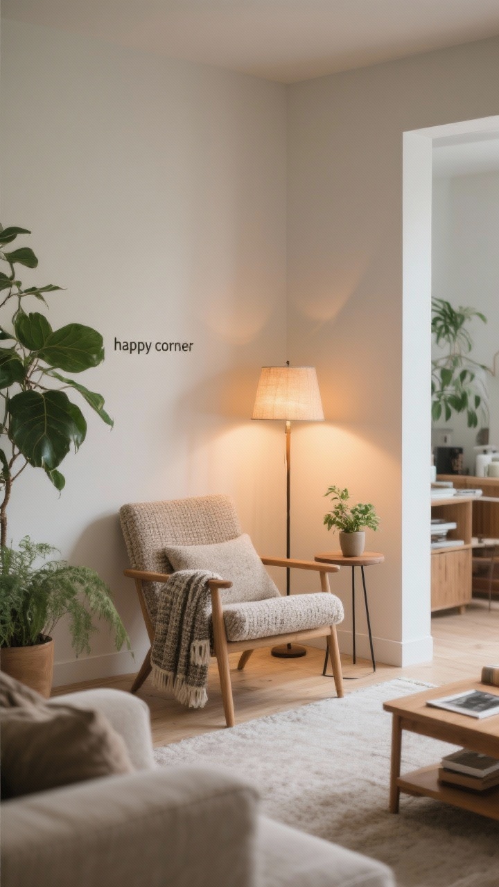 Medium shot, corner angle: A “happy corner” in the living room—an inviting reading chair with a textured throw, a slim side table holding a small plant, and a floor lamp casting a warm pool of light; lush but simple styling, calm neutral palette with natural wood and greenery; background hints of normal life but the corner feels ridiculously inviting.