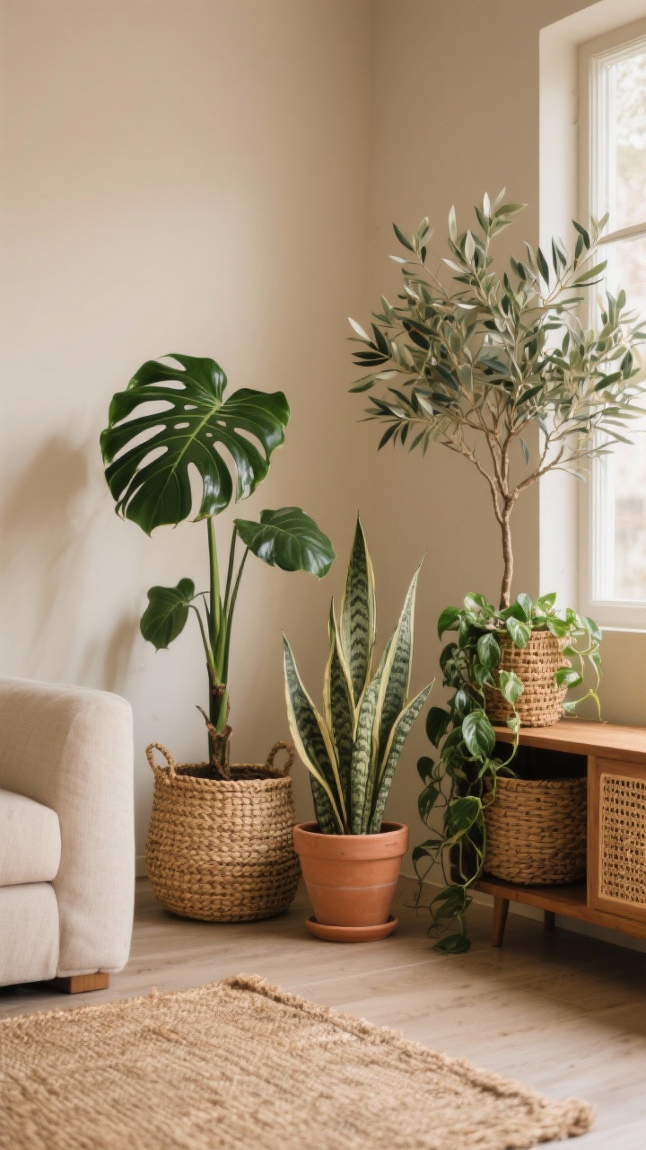 Medium shot corner angle: boho living room plant cluster styled in a group of three—tall monstera in a woven seagrass basket, sculptural snake plant in a matte terracotta pot, trailing pothos on a wooden shelf; upgrade pots with a rattan basket and textured planters; warm neutral walls, jute rug underfoot; dust-free leaves with natural window light; include an additional faux olive tree in the background for low-light vibe; no people, photorealistic.