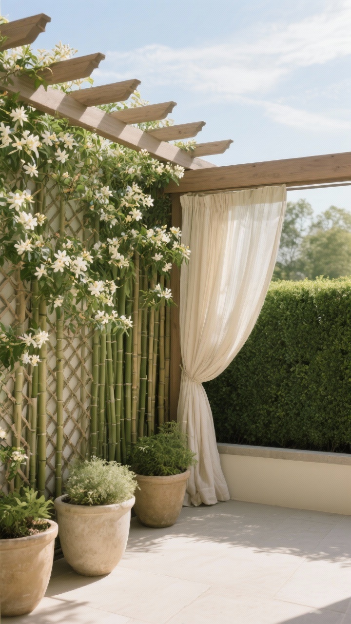 Medium shot: Elegant privacy setup—an airy trellis with climbing jasmine in bloom, flanked by tall planters in front for layered screening, with a living hedge of clumping bamboo along the boundary. Sheer outdoor curtains hang from a pergola beam to one side, open at the top for sky views. Calm afternoon light, gentle breeze implied by fabric drape, palette of greens, creams, and natural wood.