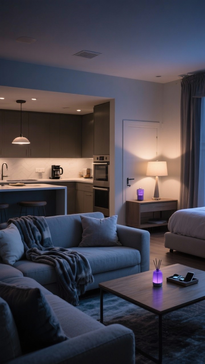Medium shot, evening ambiance: A nighttime wind-down scene—living room with throws folded and pillows fluffed, coffee table cleared; kitchen in background with counters wiped and coffee maker prepped for morning; soft lighting with lamps at 30–40%, overheads off; a lavender diffuser near the bedroom door and devices tucked on a charging tray outside the bedroom; calm, restful glow.