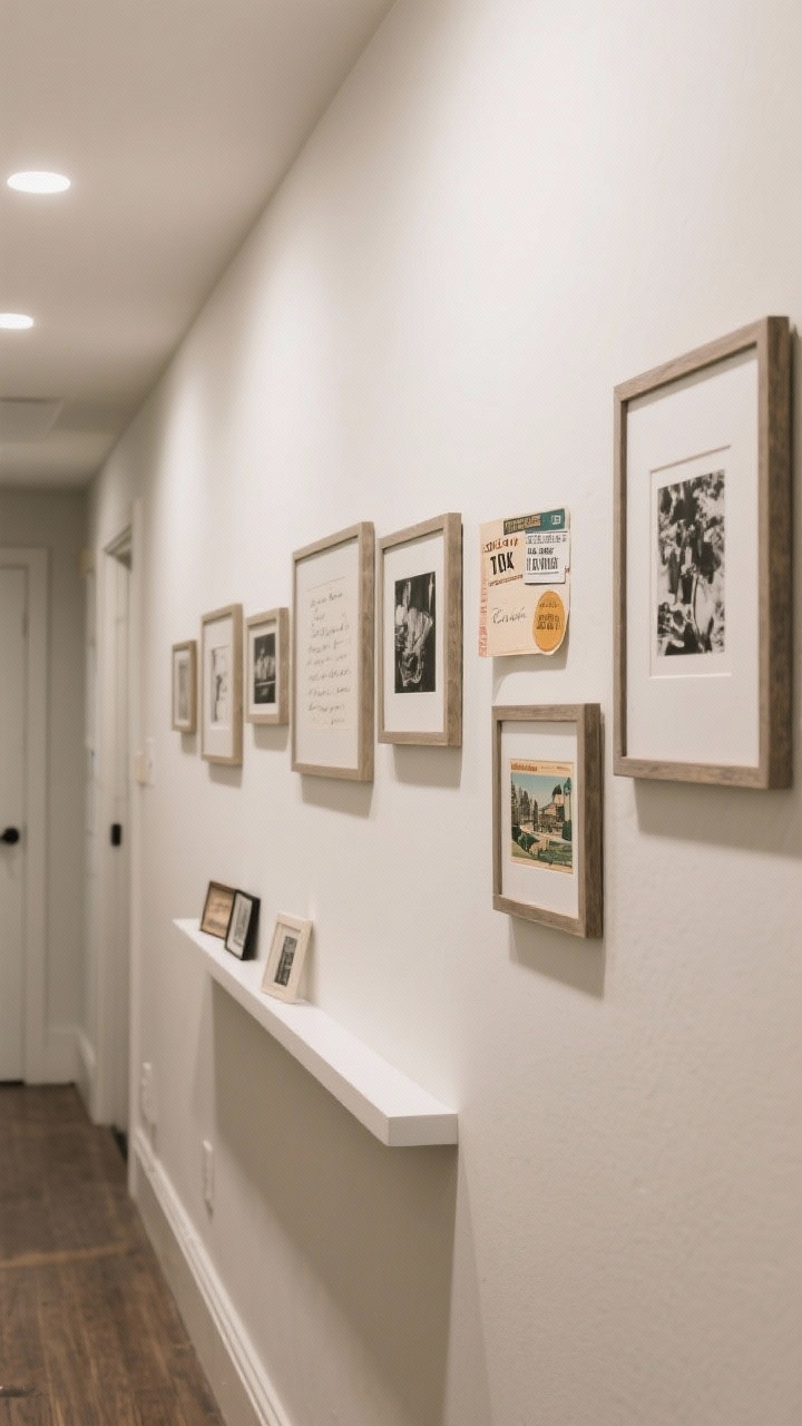 Medium shot, eye-level: Art placed at 57–60 inches center height along a hallway—micro gallery of 6–8 small frames with the same finish; mix of pieces including black-and-white prints and framed personal ephemera (ticket stubs, handwritten recipe, vintage postcards); a narrow picture ledge at one end for a rotating mini-gallery; soft, even wall lighting.