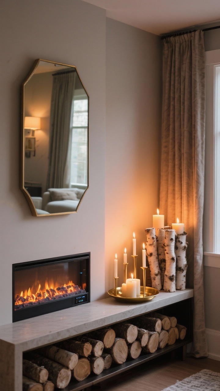 Medium shot faux fireplace setup: wall-mounted slim electric fireplace with realistic ember glow, styled hearth vignette on a low console beside it—stacked (faux) birch logs, a cluster of candles at varying heights on a brass tray, large mirror above reflecting warm light; safe spacing from curtains; evening ambiance with warm flicker and soft shadows.