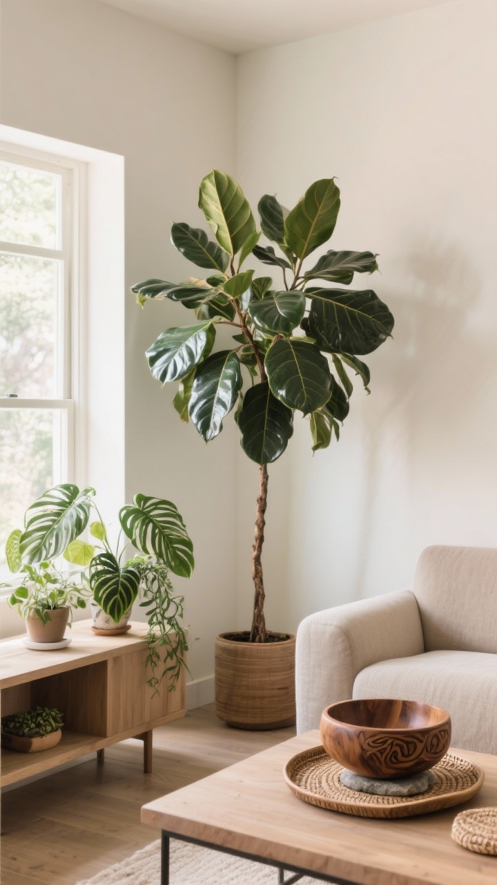 Medium shot featuring nature elements: a large floor plant (rubber plant or fiddle-leaf style) anchoring a corner and balancing a substantial sofa; easy-care tabletop plants like pothos and ZZ on a console; leaves clean and glossy; styled with a carved wood bowl, stone coaster, and woven tray for earthy texture; bright but soft natural light; no people.