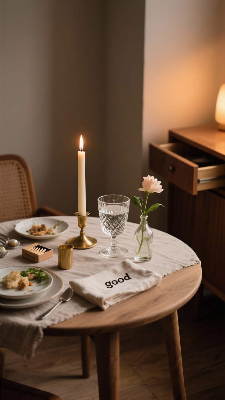 Medium shot, intimate dinner-for-one table setup: a small round wooden table with a linen cloth napkin, “good” faceted glassware filled with sparkling water, a single lit taper candle in a brass holder, and a bud vase holding one delicate flower; simple plated leftovers arranged neatly; capsule table setup items—matchbox and second candleholder—peeking from an open drawer of a nearby sideboard; warm evening lighting, cozy and romantic, no people, photorealistic.