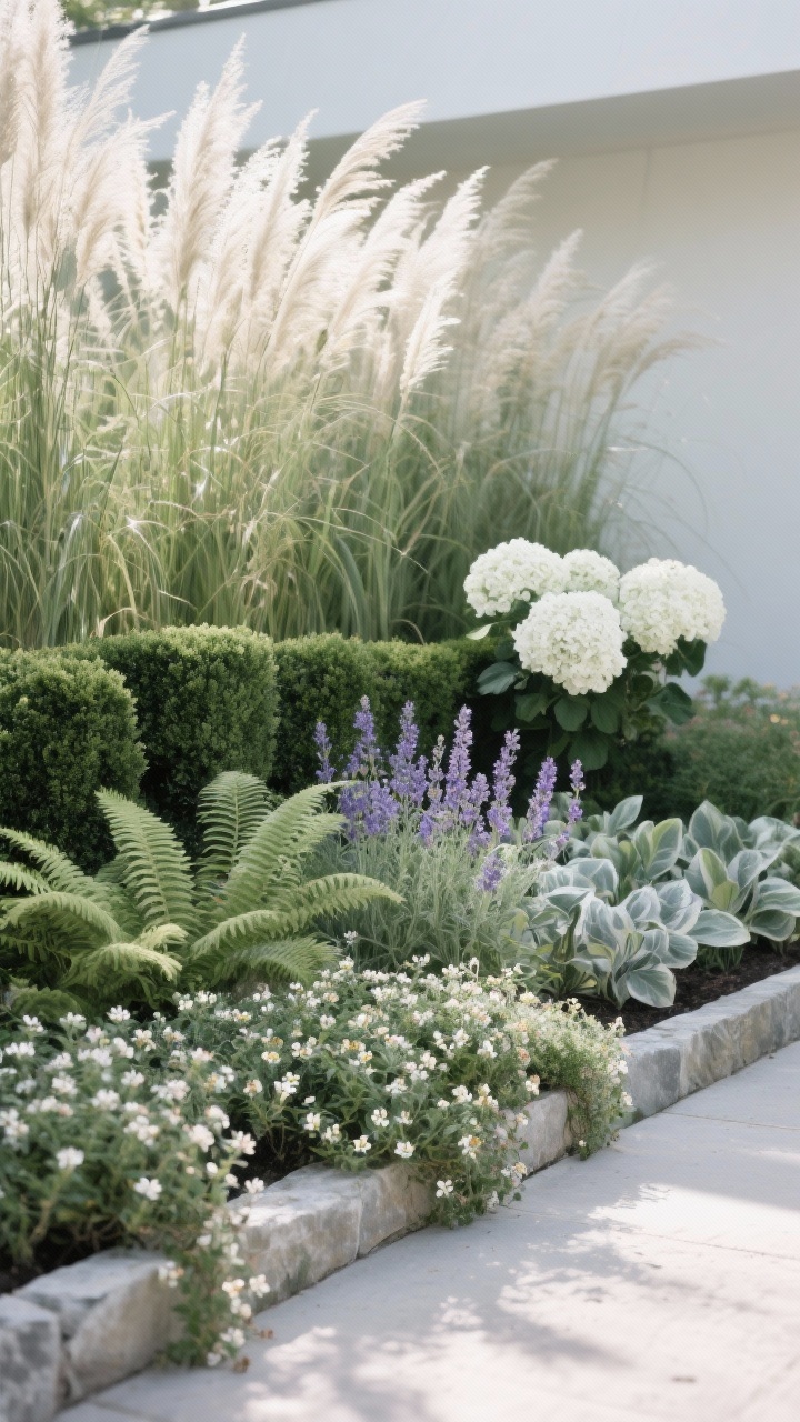 Medium shot: Layered planting bed showing tall miscanthus and feather reed grass at the back, boxwood and white hydrangea as anchors; middle row of ferns, lavender, and hostas; front row of creeping thyme and sweet alyssum spilling over a stone edging. Soft morning light with gentle shadows, limited color palette of greens, whites, and silvers for a spa-like calm, shallow depth of field highlighting the tiered textures.