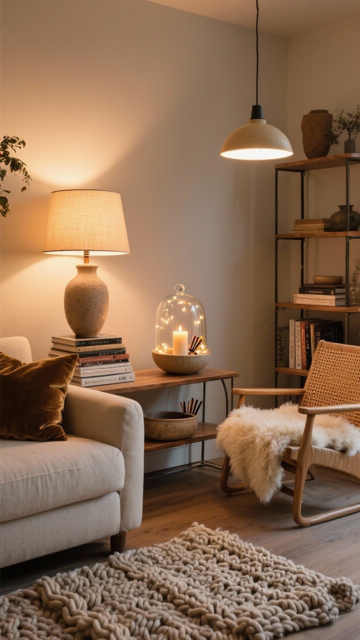 Medium shot, layered textures and lighting in a living room corner: three points of light—dimmed overhead pendant, a warm 2700K table lamp beside a stack of books, and a lit candle in a ceramic dish with matches; battery fairy lights tucked inside a glass cloche on a shelf; mix of materials—linen sofa with velvet pillows, rattan accent chair, ceramic vase on a wooden side table, metal-framed bookshelf; a sheepskin draped on a chair and a chunky knit rug underfoot; warm, cozy glow, photorealistic.
