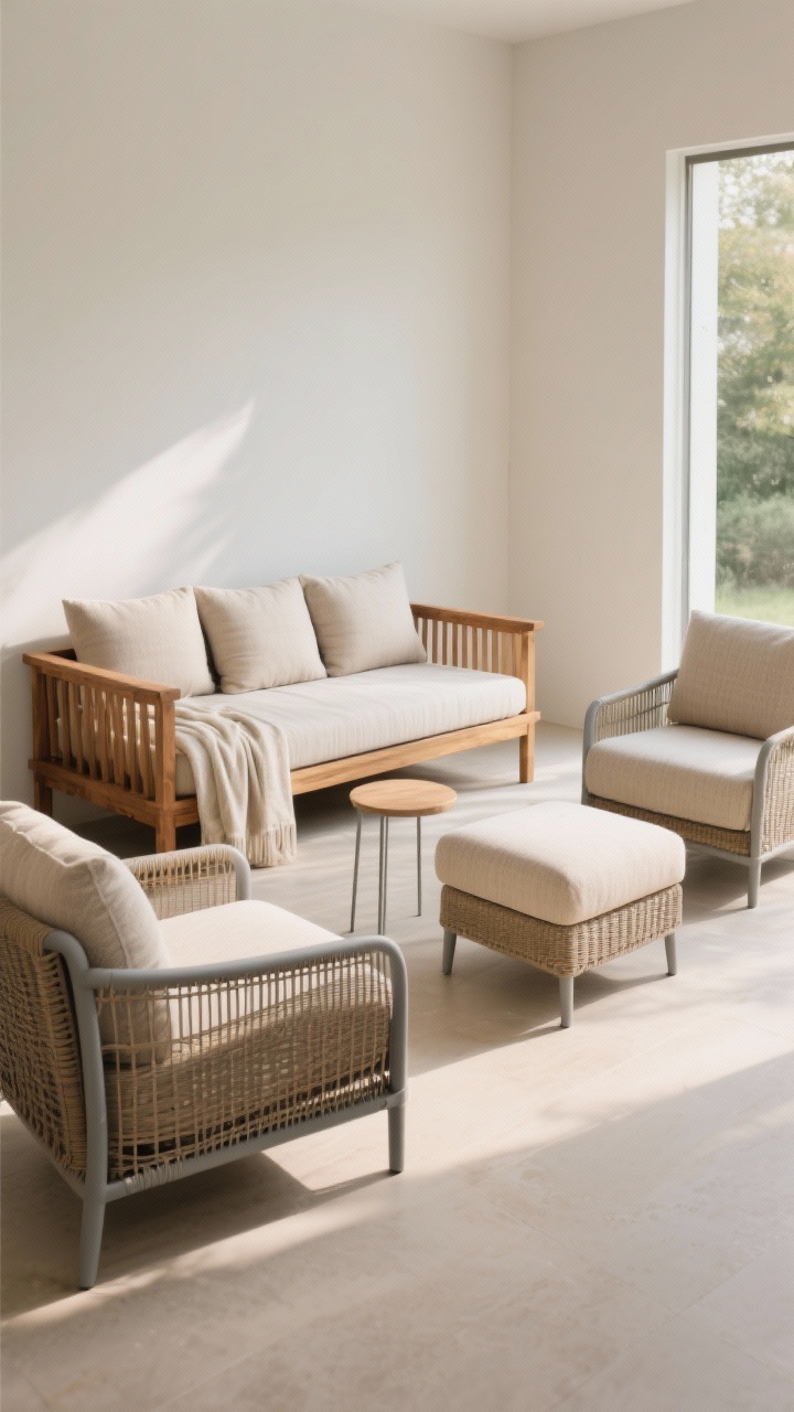 Medium shot: Lounge-friendly furniture vignette—a teak daybed with supportive, deep cushions and a light throw, a pair of deep club chairs with a petite ottoman, and a slim side table. Materials include powder-coated aluminum frames and resin wicker accents for durability. Soft morning light, neutral cushions with subtle texture, arranged for conversation and lingering comfort.