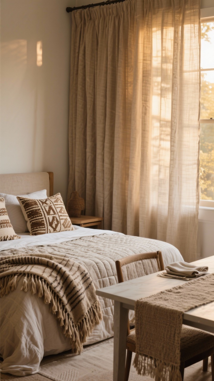 Medium shot of a bedroom corner: fabric-forward luxury—linen curtains hung high and wide in warm neutrals, a bed styled with a quilt layered over a duvet and a cozy tassel throw at the foot; pillow covers in mudcloth, block print, and boucle on down inserts; a simple dining table edge in frame with a textured table runner and cloth napkins for added detail; soft golden-hour light through the curtains; photorealistic.