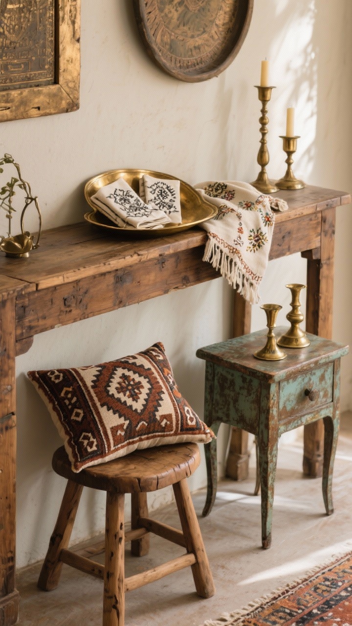 Medium shot of a console wall: curated vintage finds with soul—solid wood stool tucked under a timeworn oak console, small vintage side table with patina, mixed brass candleholders and a brass tray catching warm highlights, kilim pillow set on the stool, block-printed napkins folded inside the tray, an embroidered throw draped casually; evidence of gentle wear on wood and metal; muted, warm color palette; diffused afternoon light; photorealistic with subtle grain.