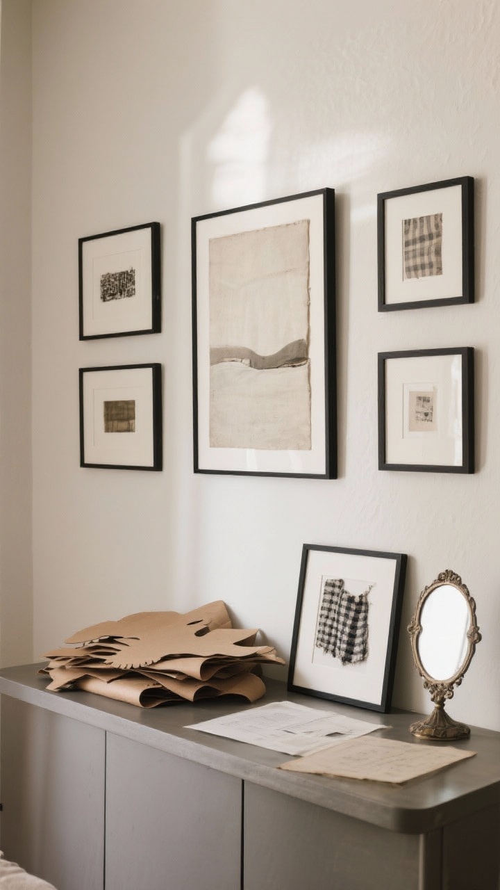 Medium shot of a curated gallery wall over a console: one large hero artwork anchors the center, flanked by two medium frames, three small frames, a framed fabric scrap, and a small vintage mirror. All pieces use slim black frames for cohesion, artwork shares a muted palette. Kraft paper cutouts are stacked on the console as if recently used for layout planning. Soft indirect daylight, neutral wall, subtle texture in the framed textile, photorealistic.