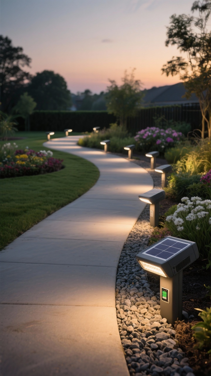 Medium shot of a curved garden path at dusk with staggered, low-profile path lights on alternate sides, 5–8 feet apart; shrouded heads casting controlled, downward beams that gently graze gravel and edging plants without glare; a few additional lights outlining a flower bed for clean lines and curb appeal; include a close view of one solar model with a high-capacity, replaceable battery compartment detail; muted, moody sky with warm, subtle illumination; straight-on eye-level perspective