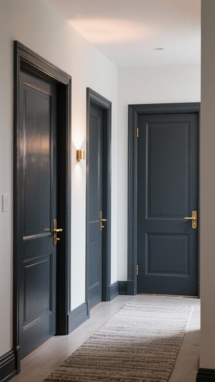Medium shot of a hallway with interior doors and trim painted in a deep charcoal satin finish, including baseboards, casings, and door panels all in the same color for a modern gallery look; brushed brass lever handles on the doors; warm, soft ambient lighting around 2700–3000K creating a subtle sheen on the paint; clean white walls and a simple runner rug to contrast the moody tones; corner angle capturing two doors and continuous trim.