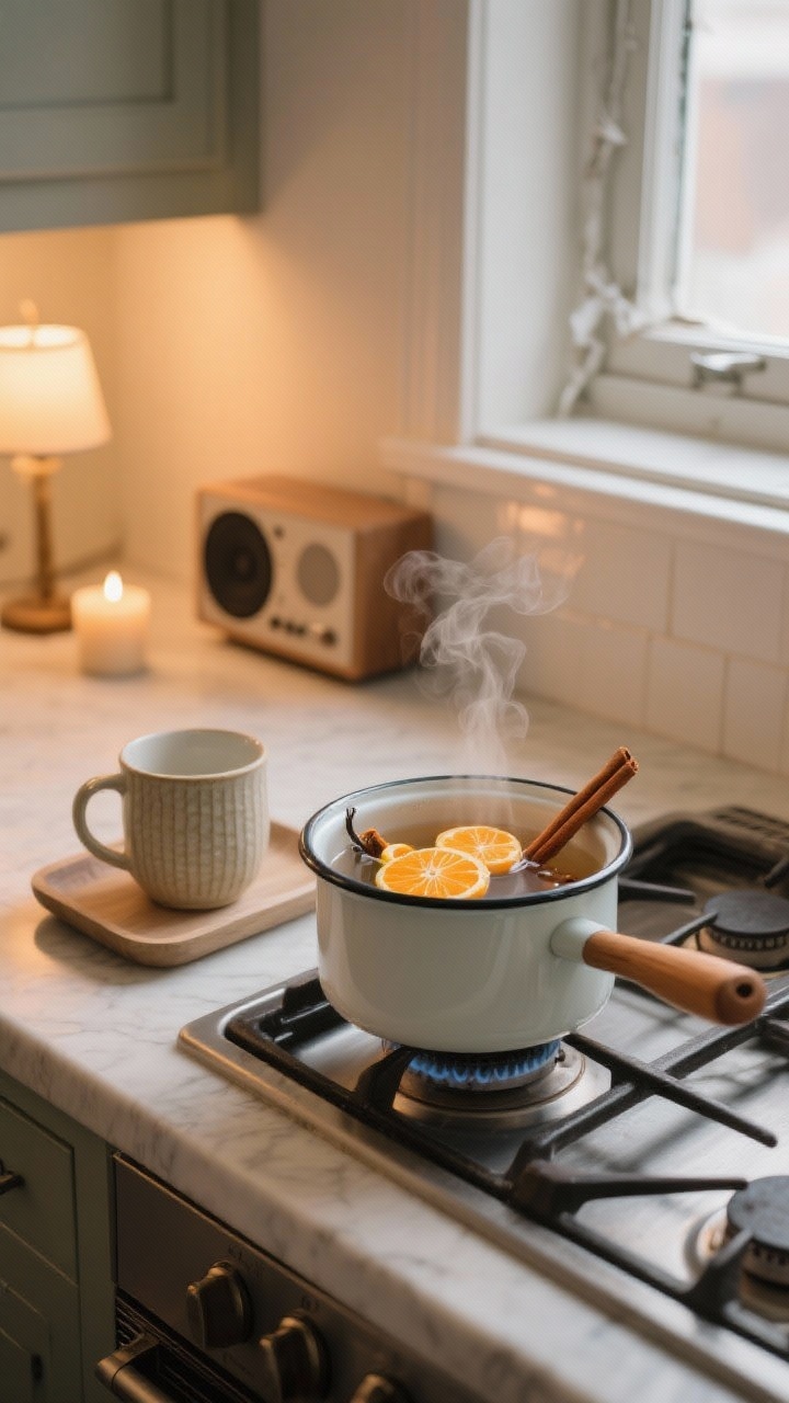 Medium shot of a kitchen stovetop vignette setting mood with scent and ritual: a small pot simmering water with visible cinnamon sticks, orange peels, and a hint of vanilla; nearby a steaming mug on a simple tray; a soft playlist implied by a speaker in the background at low volume; window slightly cracked for fresh air; warm, cozy light from a lamp on the counter (or under-cabinet glow), candle unlit but present; textures: enamel pot, wood spoon, ceramic mug; angle: three-quarter counter height.