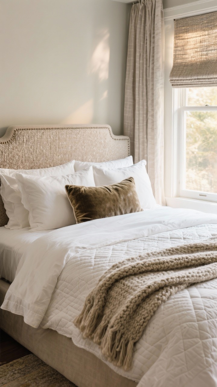 Medium shot of a layered bed: crisp white percale sheets, a quilt or matelassé coverlet, and a chunky knit or wool throw folded at the foot; pillows include linen shams with a velvet or boucle lumbar; a textured upholstered headboard visible; lined curtains at the window and a Roman shade in a textured fabric; warm morning light creating a soft, inviting mood.