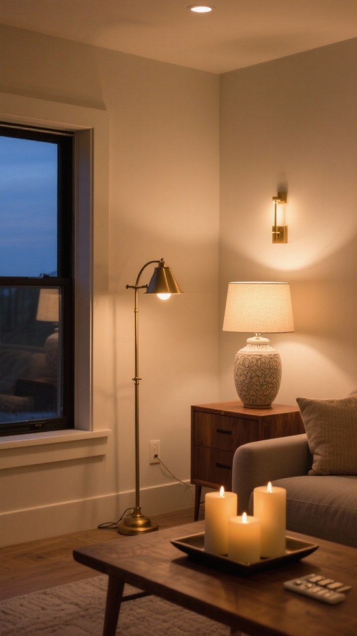 Medium shot of a living room corner at dusk featuring warm, layered lighting: a brass floor lamp with a 2700K bulb, a ceramic table lamp on a wood side table with a 3000K bulb, and a subtle wall accent light; a trio of unscented pillar candles clustered on a tray; dimmers set to low for soft, enveloping glow; lamps placed at different heights to avoid harsh hotspots; no overhead light on.