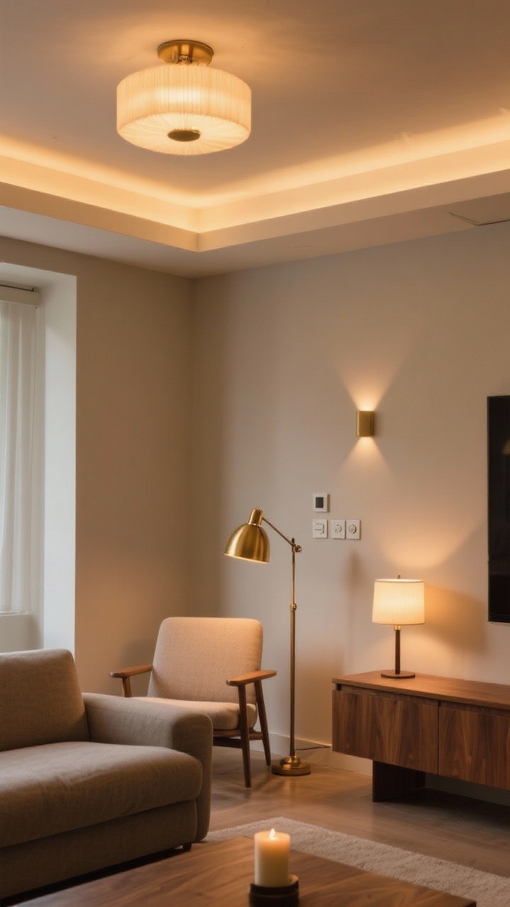 Medium shot of a living room corner demonstrating three-layer lighting: warm 2700–3000K ambient glow from a ceiling fixture, a brass task reading lamp beside a chair, and a small soft-glow accent lamp on a console with a candle; dimmer switches visible on the wall; warm, cozy mood with shadows controlled; neutral palette with wood and matte finishes, no harsh overhead glare, no people.