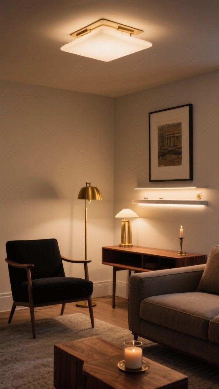 Medium shot of a living room corner demonstrating layered lighting: a warm 2700–3000K ceiling fixture softly illuminating the space, a brass floor lamp for task lighting beside a reading chair, a table lamp on a console, and a slim picture light above framed art; subtle LED strip glow under a floating shelf. Use dimmers for a balanced, warm ambiance. Materials: linen upholstery, matte black and brass metals, walnut wood, candle on the console for accent. Perspective: corner angle, evening light.