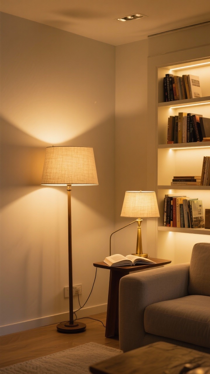 Medium shot of a living room corner demonstrating three-layer lighting: warm 2700K ambient glow from a linen-shaded floor lamp, a task lamp on a side table aimed at an open book, and soft accent lighting from LED strips inside a nearby bookcase; skip harsh overheads; brass or parchment-toned lampshades diffusing light; cozy golden color temperature, soft shadows, no people.