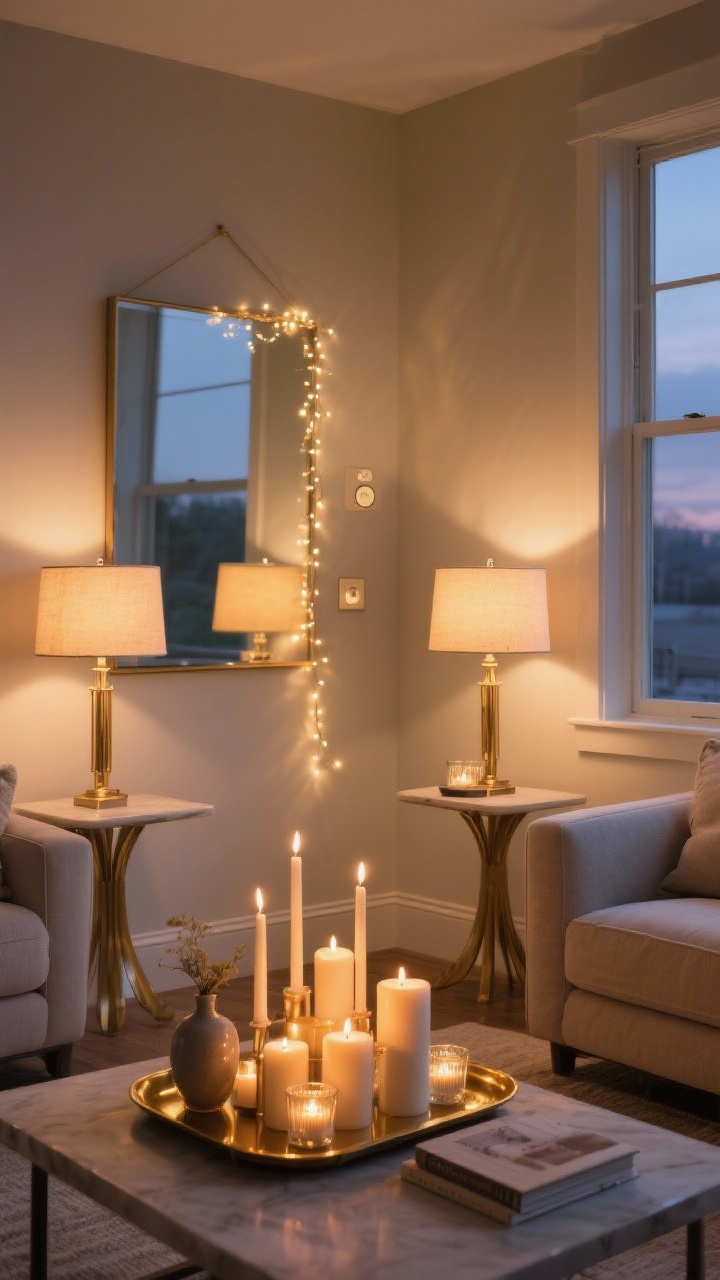 Medium shot of a living room corner with layered lighting at dusk: two warm 2700K table lamps on side tables, a cluster of mixed pillar, taper, and tea light candles on a brass tray with a small vase and a book, and soft fairy string lights draped over a mirror; smart dimmer set low for a warm glow; cozy neutral palette with brass accents; straight-on perspective, photorealistic.