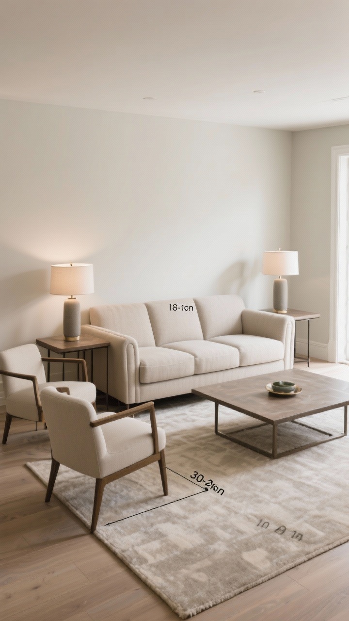 Medium shot of a living room furniture layout demonstrating correct scale: a standard sofa with a proportionate coffee table leaving 18 inches clearance, side chairs arranged with 30–36 inches for main walkways. Side table tops within 2 inches of sofa arm height; table lamps sized at roughly